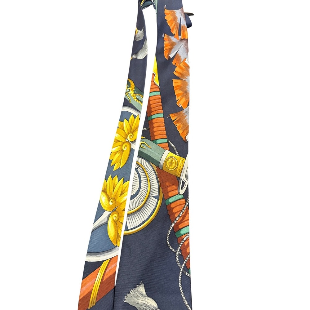Hermes Daimyo Silk Tie Navy Gold Samurai‎ Sword Japan Motif France Vintage
